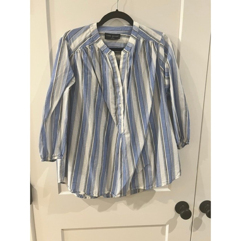 Lane Bryant Blue White Striped Split Neck Tunic Blouse 14/16 Womens 3/4 Sleeve